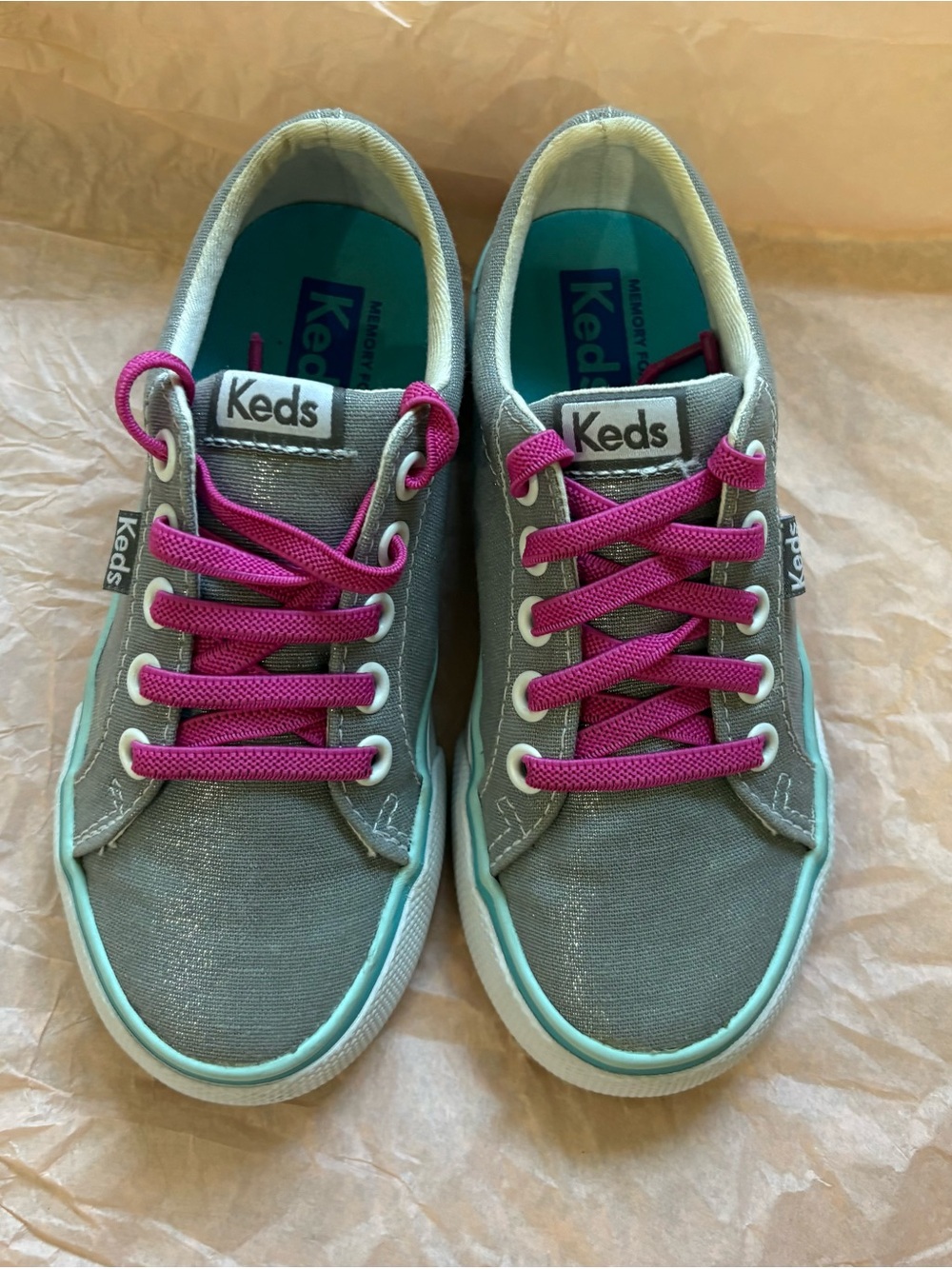 Keds Kids sneakers metallic grey with Pink elastic Laces size US 11.5